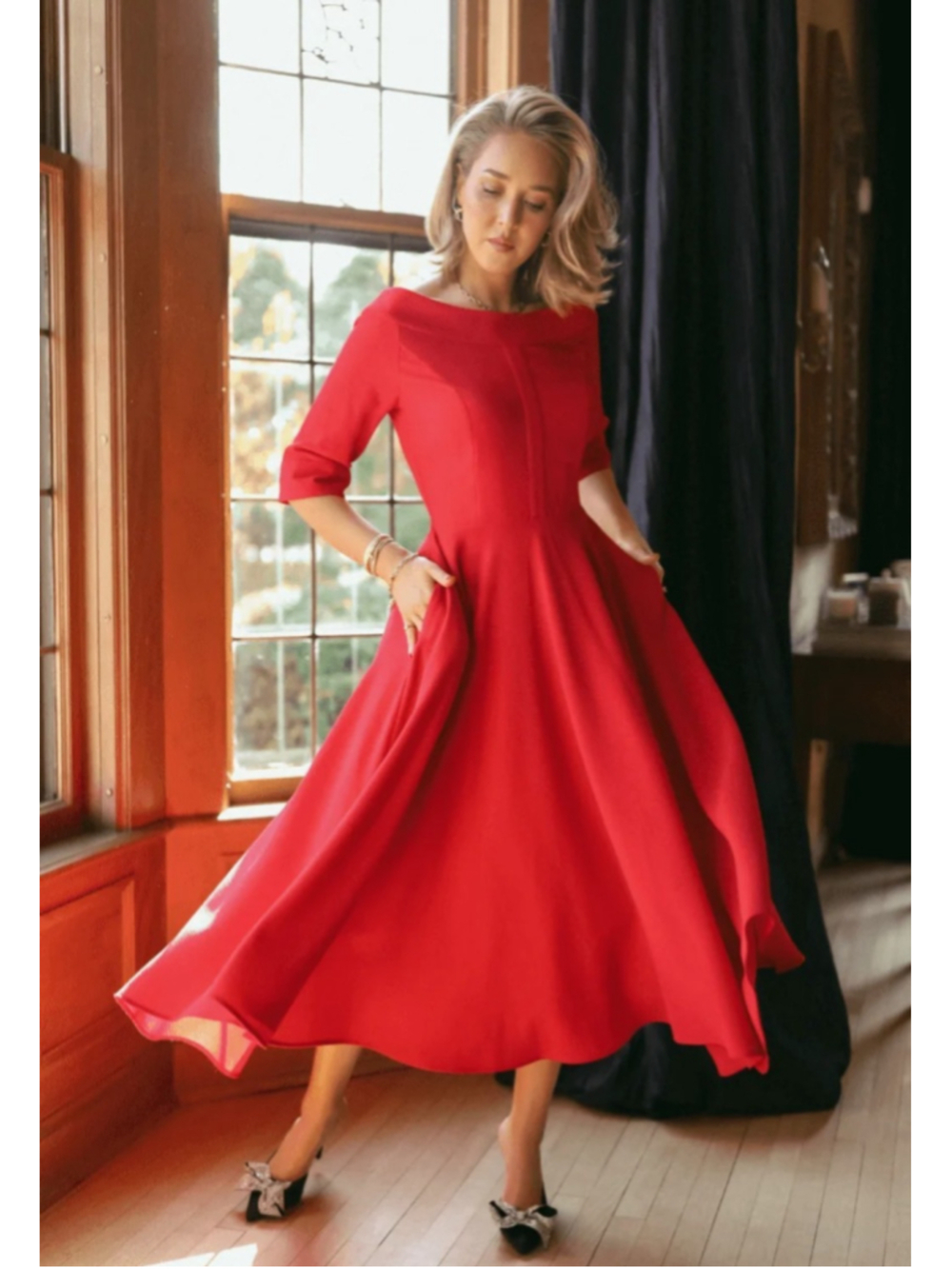 Buru Mary Midi Dress Red Sz L Boat Neck Classy Timeless Luxury Designer
